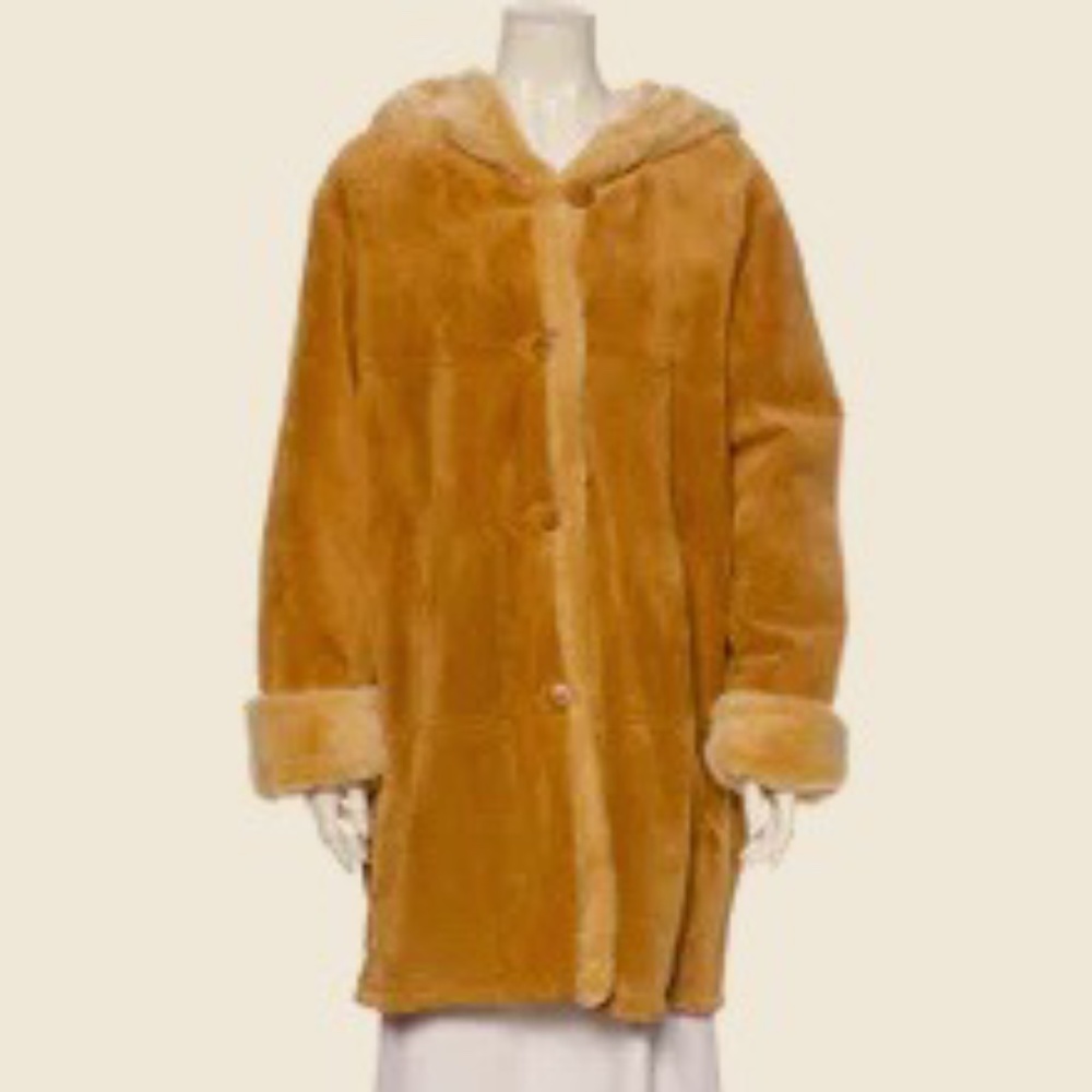 Vintage Dennis Basso Manuela hooded Suede Faux Fur Winter Coat - Medium - Tan